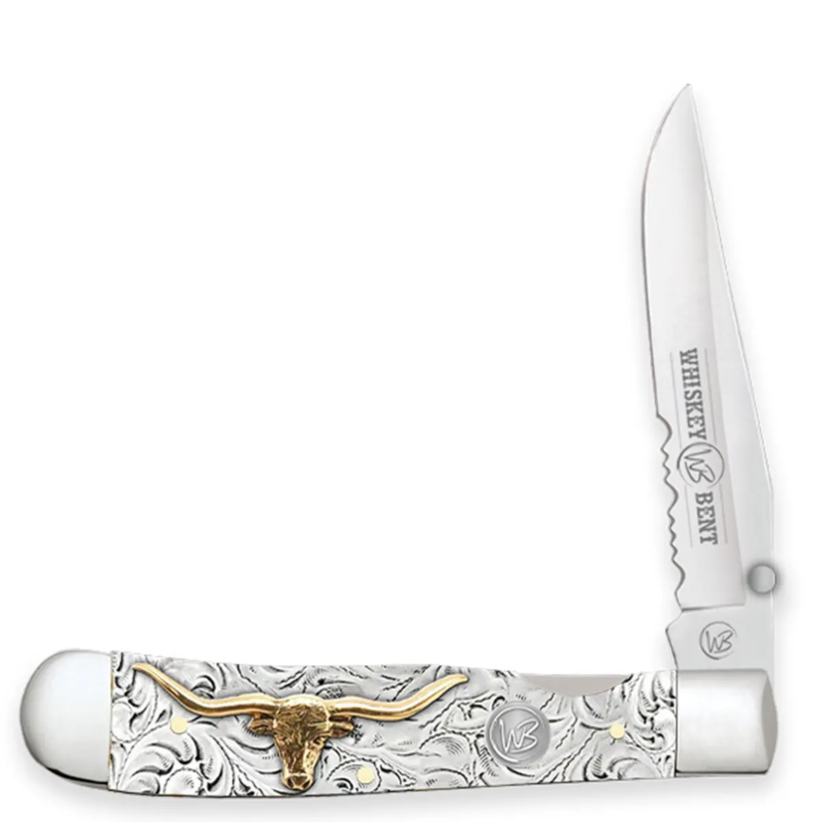 Whiskey Bent Trapper Pocket Knife Single Locking Blade With Clip 50/50 Serrated 'Toro' 1