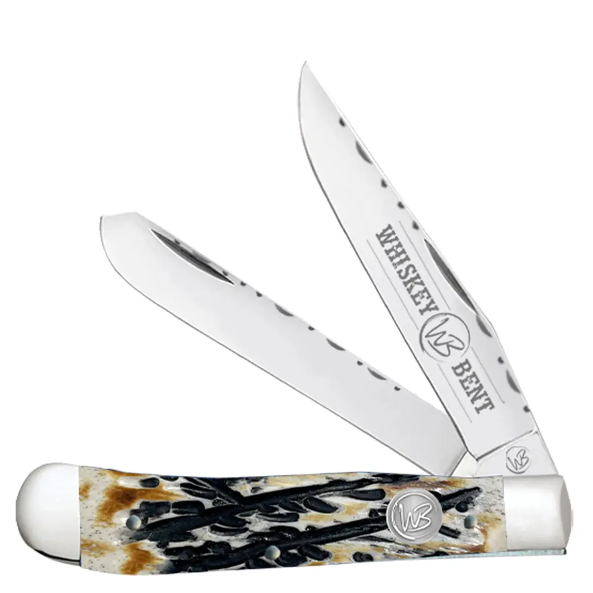 Whiskey Bent Trapper Pocket Knife Filework Twin Blade - Carved Burnt Bone 1