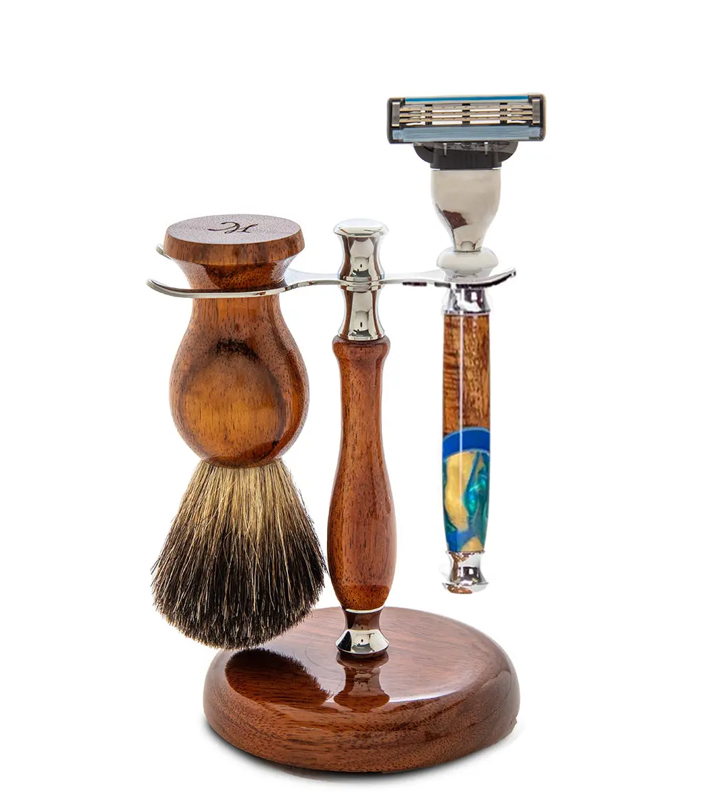 Koa Shaving Kit #2C - Hybrid Mach (Various Colors) By Dale Dennison, W/ Badger Brush 1