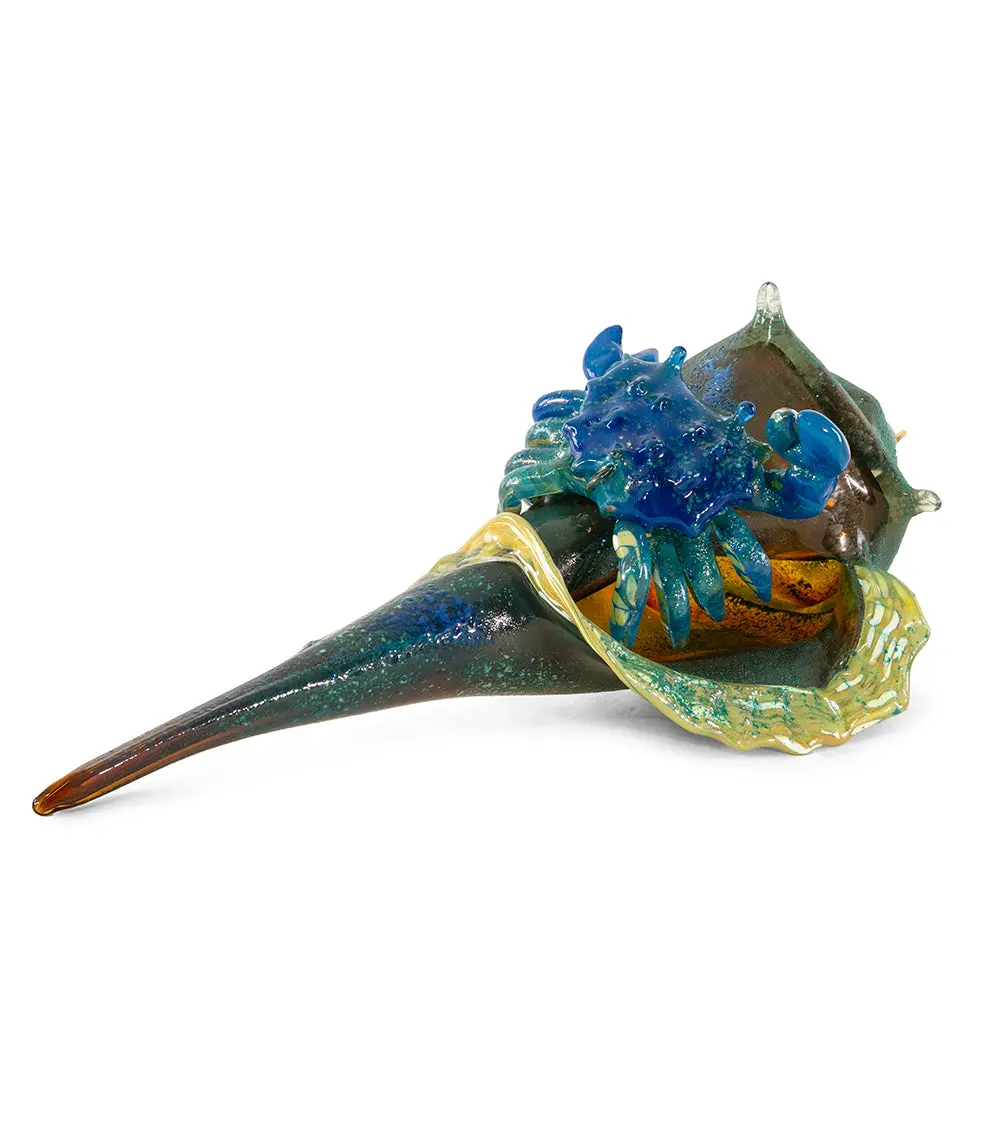 Glass Sculpture "Xl Sandy Conch Shell With Crab" By Ben Silver 1