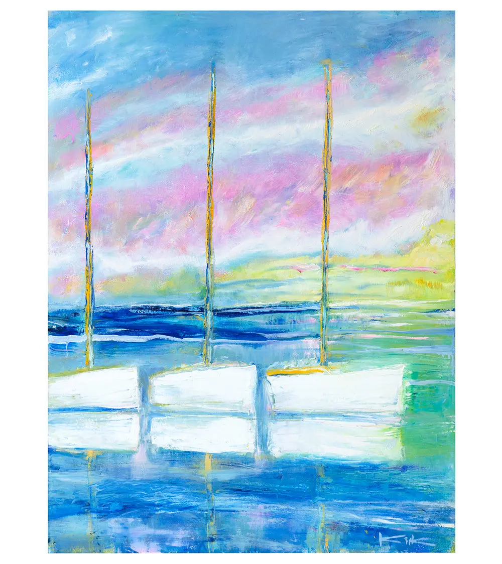 Three Sailboats At Sunset By Kirk Boes 1
