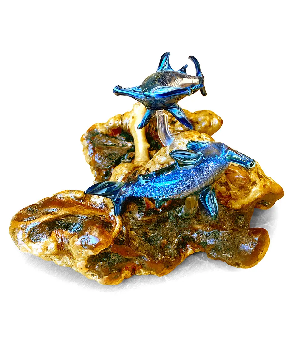 Glass Sculpture "Two Hammerheads & Coral" By Luke Olsen 1
