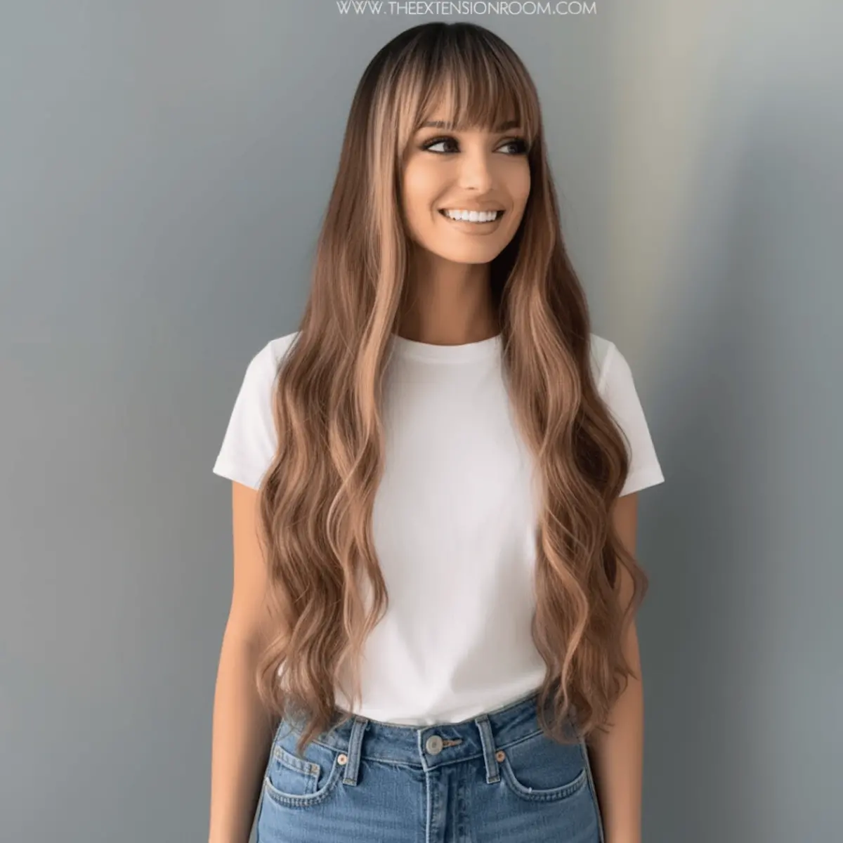 Carmen Long Highlighted Brown Body Wave Wig With Bangs 1