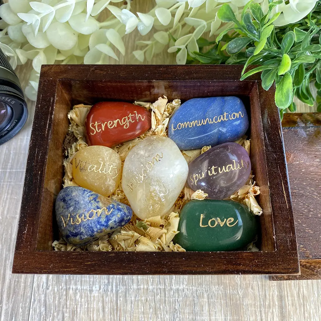 Seven Chakra Stones Set – Engraved Gemstones In Wooden Box 1