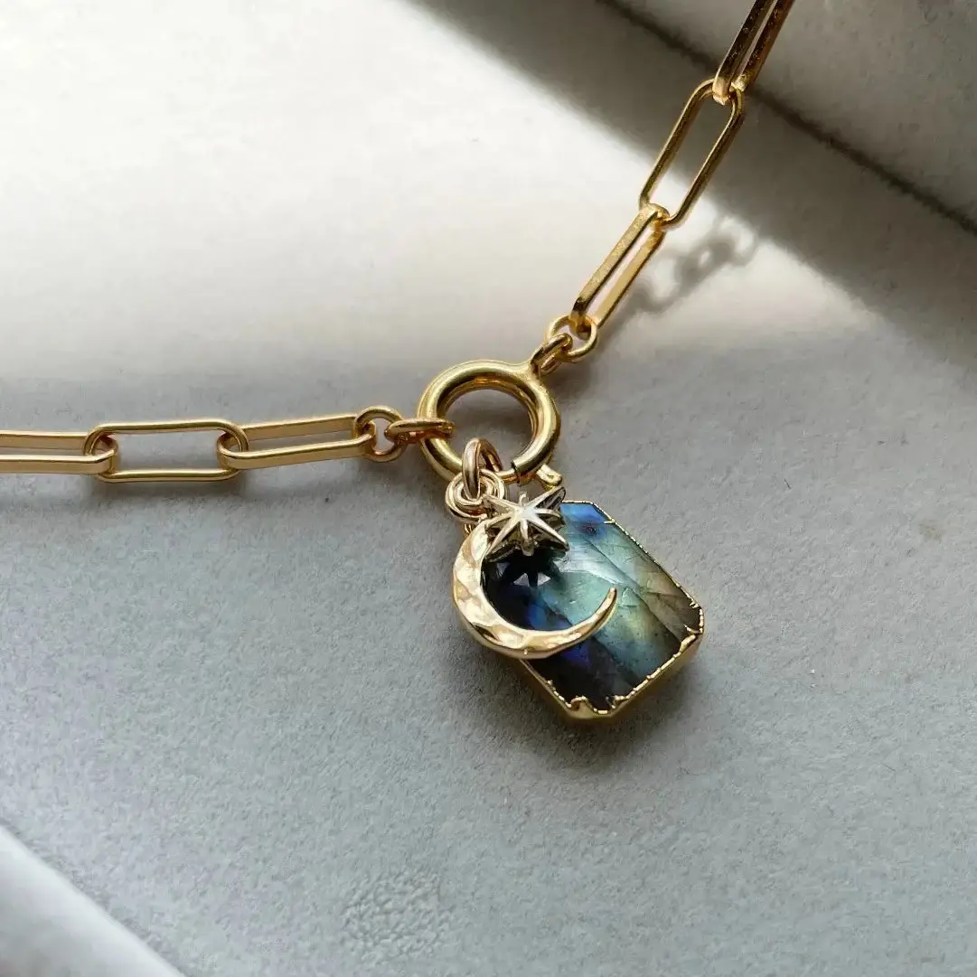 Labradorite Moon & Star Gem Slice Triple Chunky Chain Necklace - Adventure (Gold Plated) 1