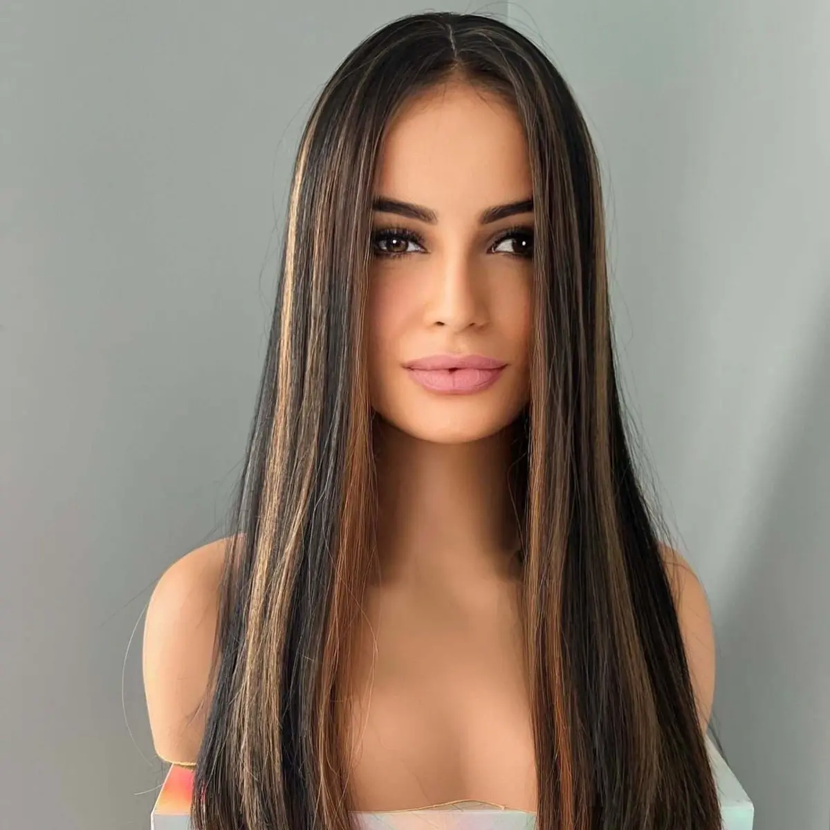 Drew Silky Straight Brown Wig With Highlights 1