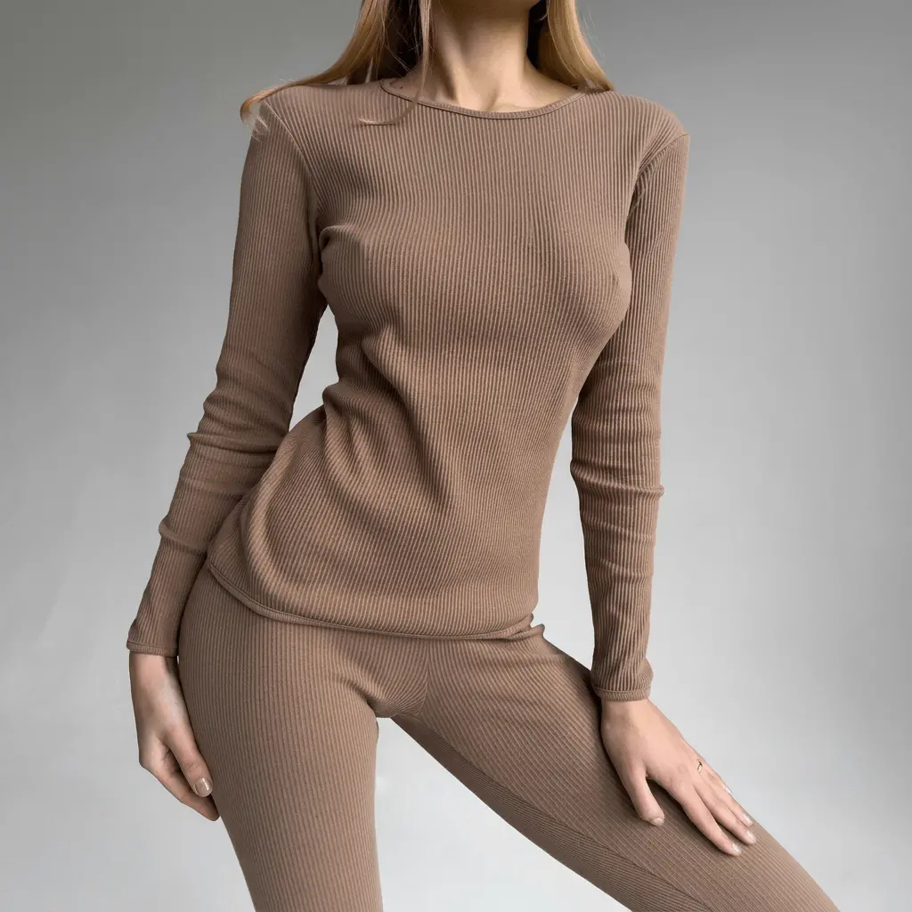 Ease 2 Piece Ribbed Cotton Loungewear Set - Biscuit 1