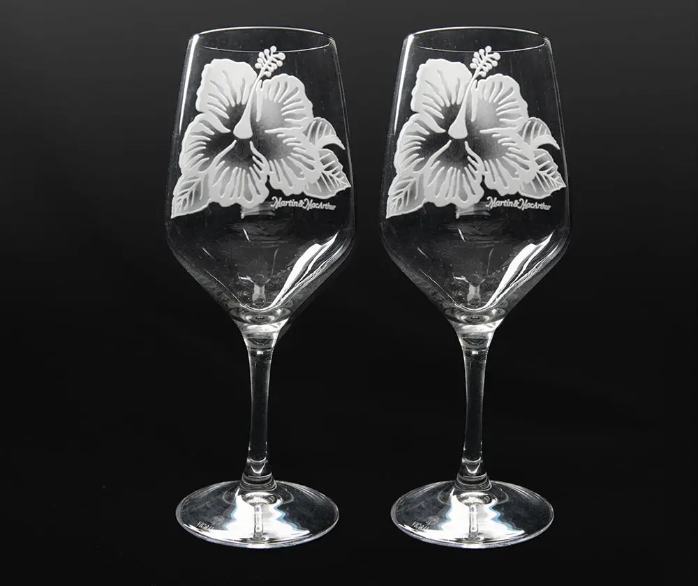 Sand-Etched Hibiscus Red Wine. Set Of 2 2