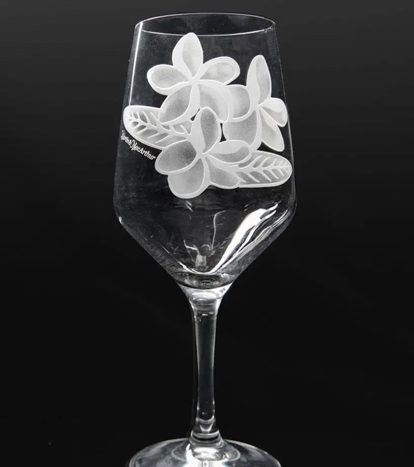 Sand-Etched Plumeria Red Wine. Set Of 2 1