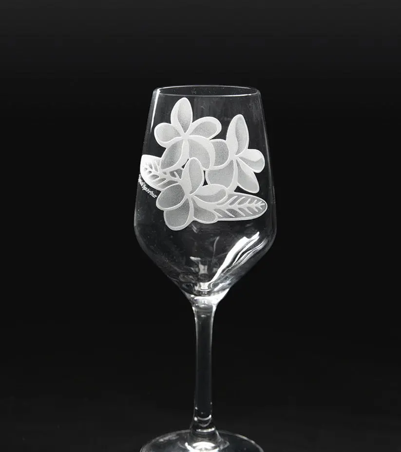 Sand-Etched Plumeria White Wine. Set Of 2 1