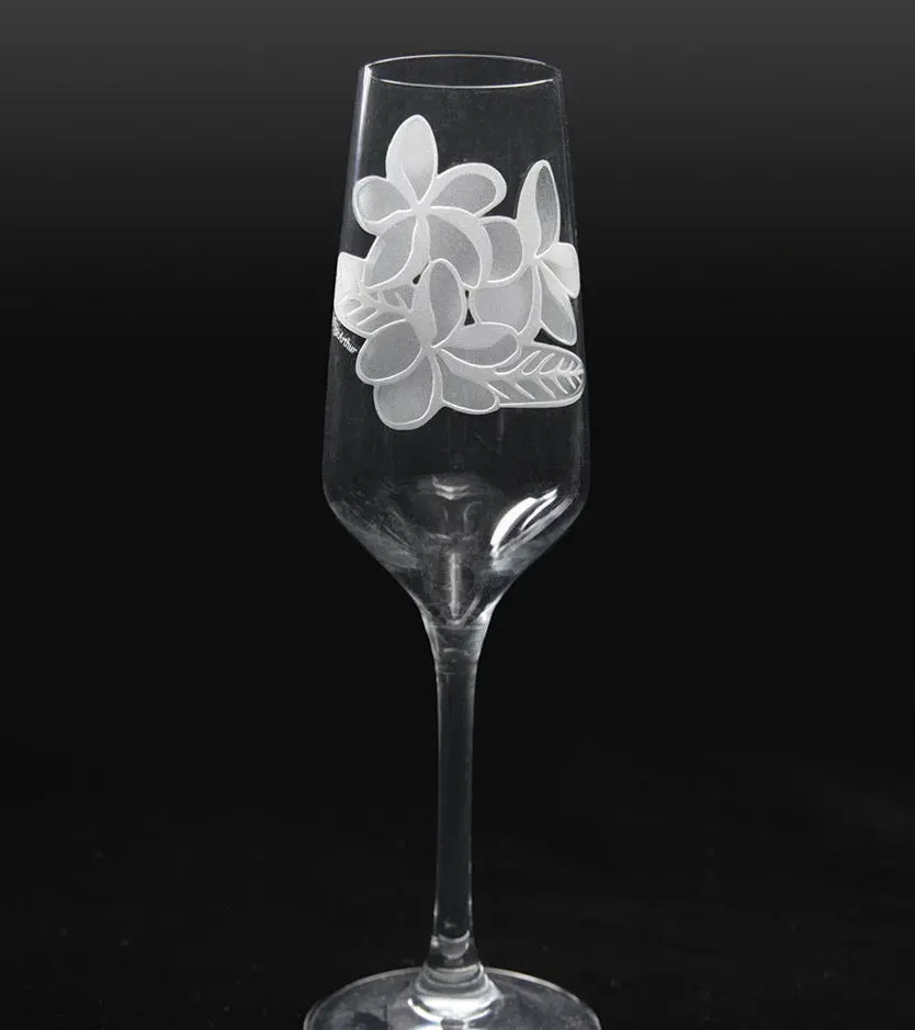 Sand-Etched Plumeria Champagne. Set Of 2 1