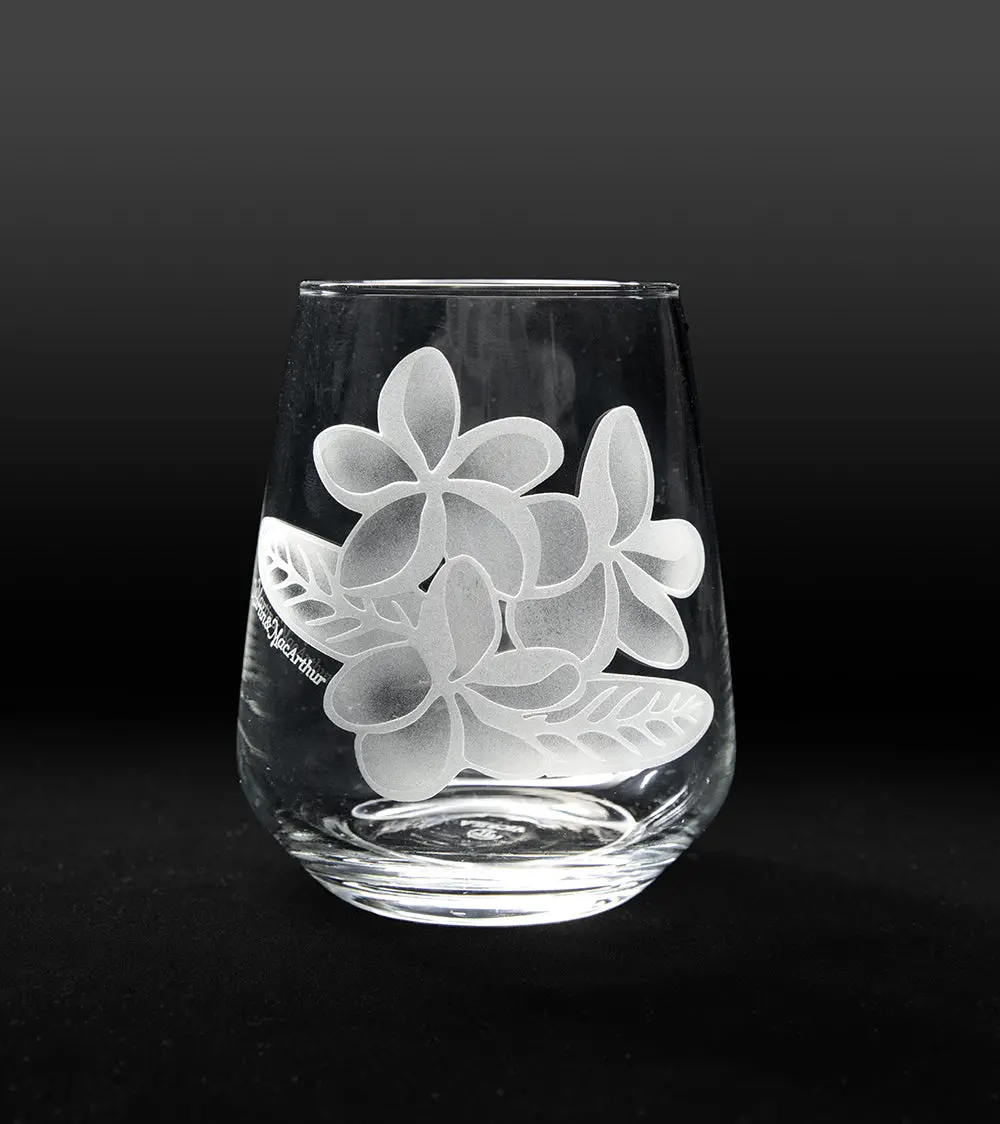 Sand-Etched Plumeria Stemless. Set Of 2 1