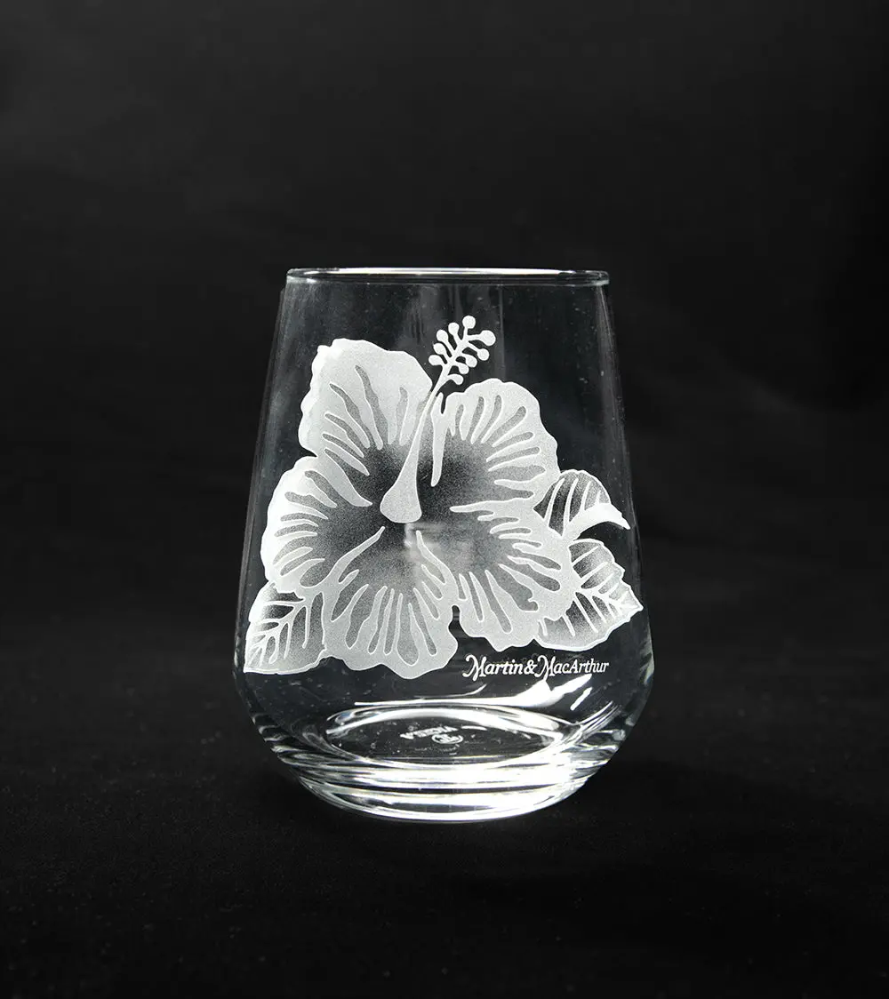 Sand-Etched Hibiscus Stemless. Set Of 2 1