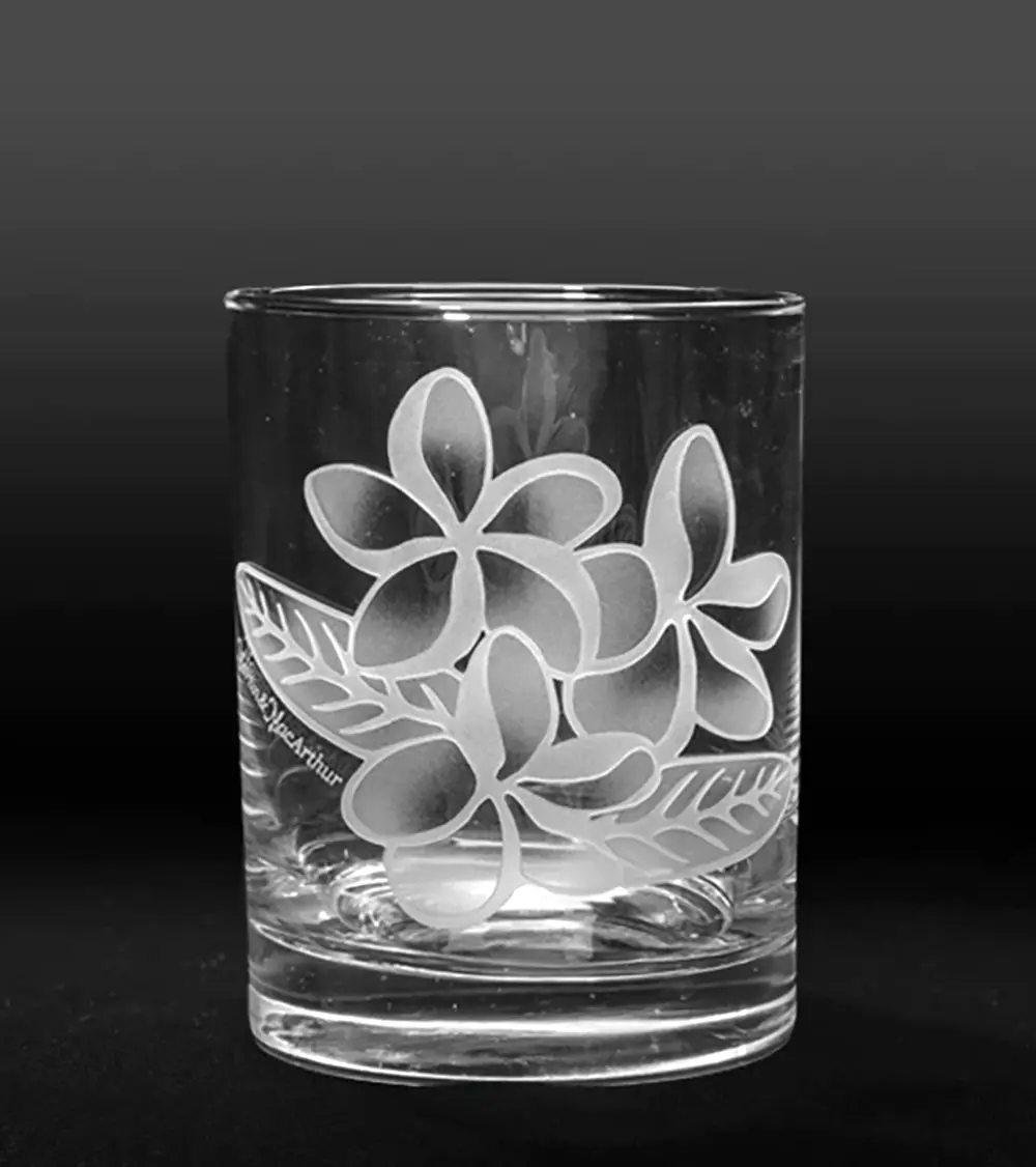 Sand-Etched Plumeria Whiskey Glass. Set Of 2 1