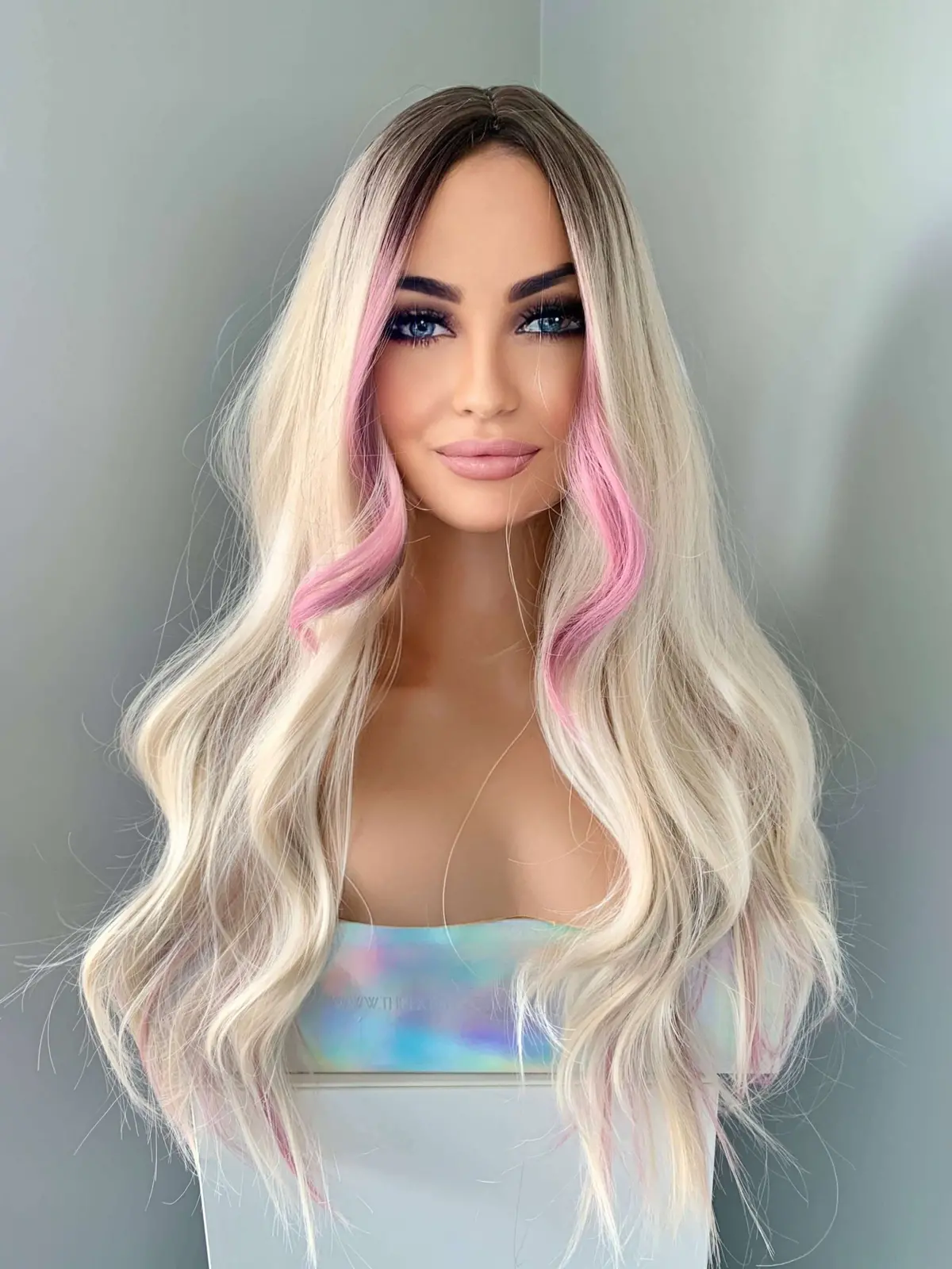 Emily Long Blonde Wig With Pink Money Piece Highlights 1