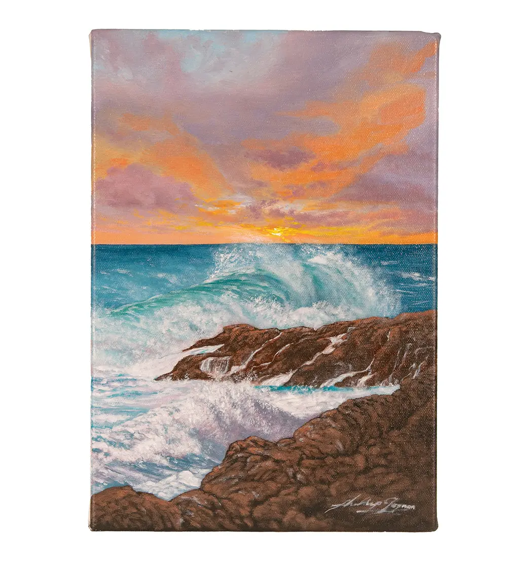 Original Painting "Setting On Fire Crashing Waves" By Phillip Gagnon 12X8 1