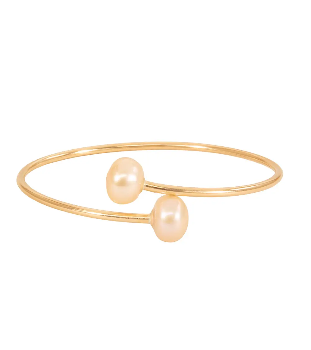 Pink Pearls Set On Gold Filled 7" Flexible Bangle Bracelet By Galit 1