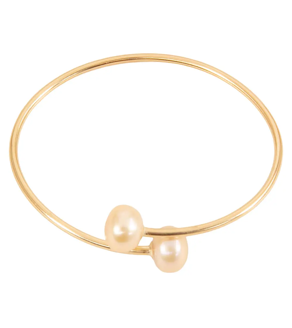 Pink Pearls Set On Gold Filled 7" Flexible Bangle Bracelet By Galit 2