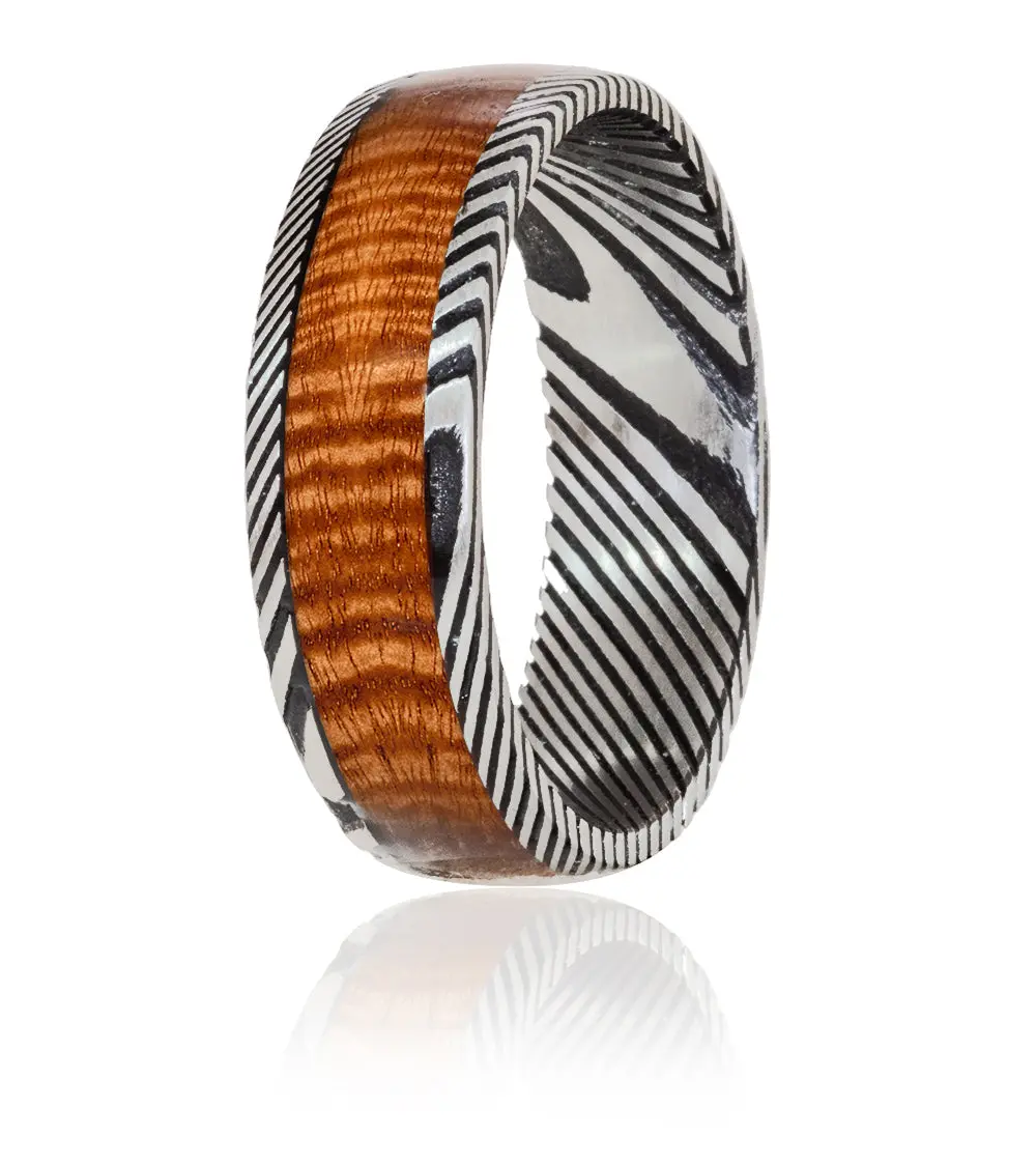 Damascus Steel Eternity Band with Koa Wood Inlay