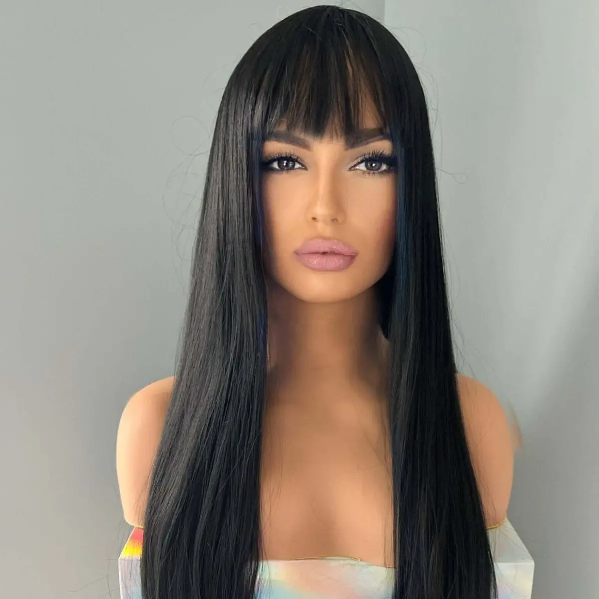 Gabriella Long Black Silky Straight Wig With Bangs 1