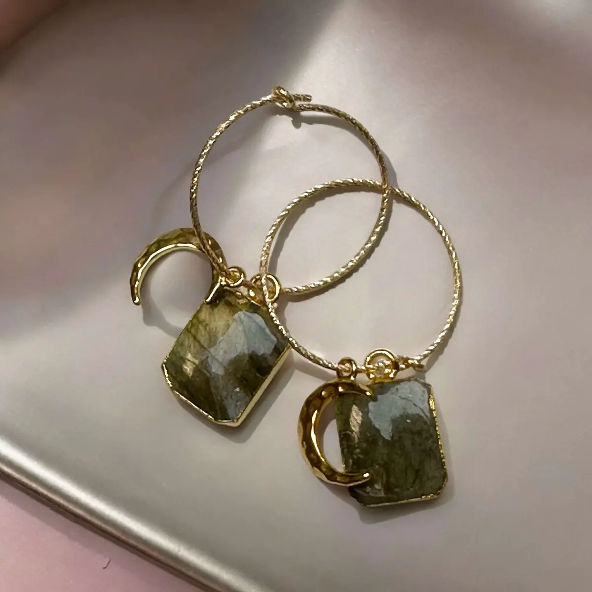 Labradorite & Moon Sparkle Rope Hoop Earrings - Adventure (Gold Plated) 1
