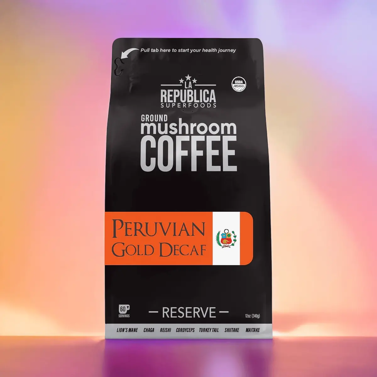 Decaf Peruvian Gold Ground Mushroom Coffee - La Republica 1