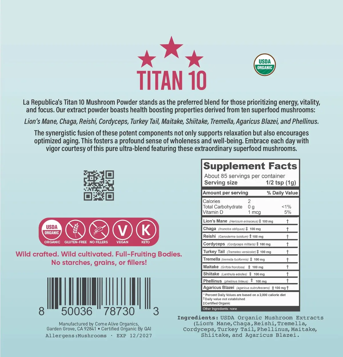Titan 10 Mushroom Extract Powder 85G *Limited Edition* - La Republica 2