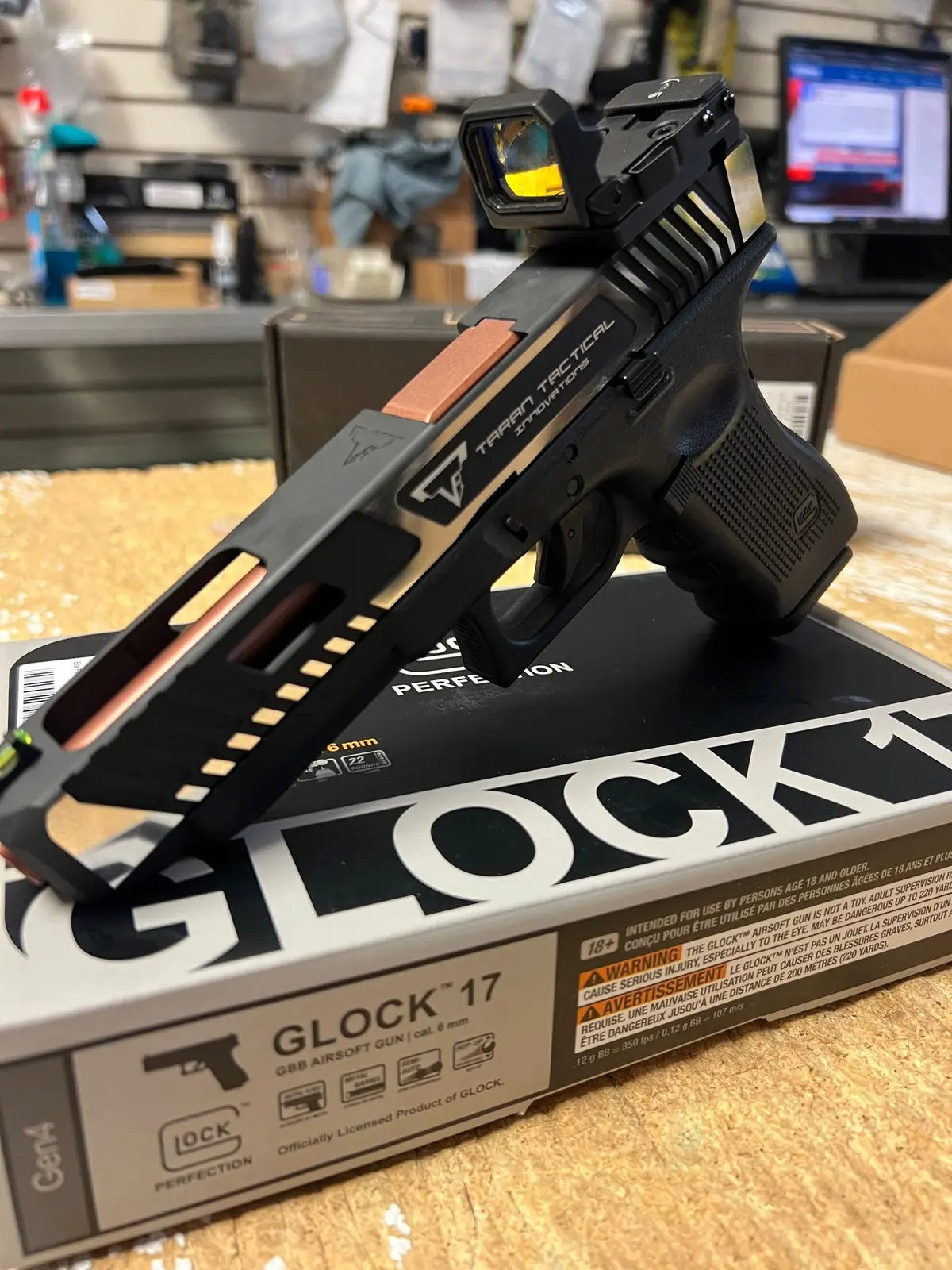 John Wick Tti Jw2 Glock 34 Combat Master Gbb Airsoft Pistol W/Emg Tti Cnc G34 Slide (Color: Black/Silver) & Rmr Mount And Flipup Red Dot Scope- Green Gas 1