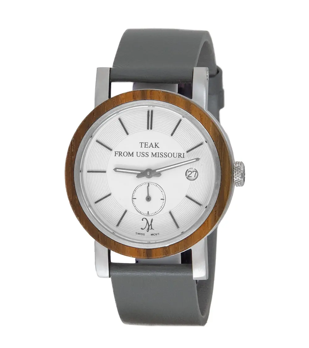 Ussm Teak & Stainless Steel Watch With Grey Leather Band - 31703 1