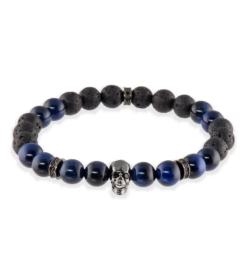 Blue Tiger Eye, Lava, Skull Head & Rondels Bracelet By Bergan 1