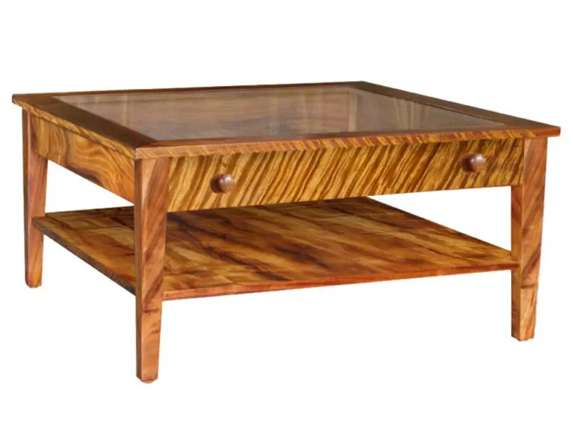 Plantation Coffee Table With Glass Top, Drawer And Shelf 1