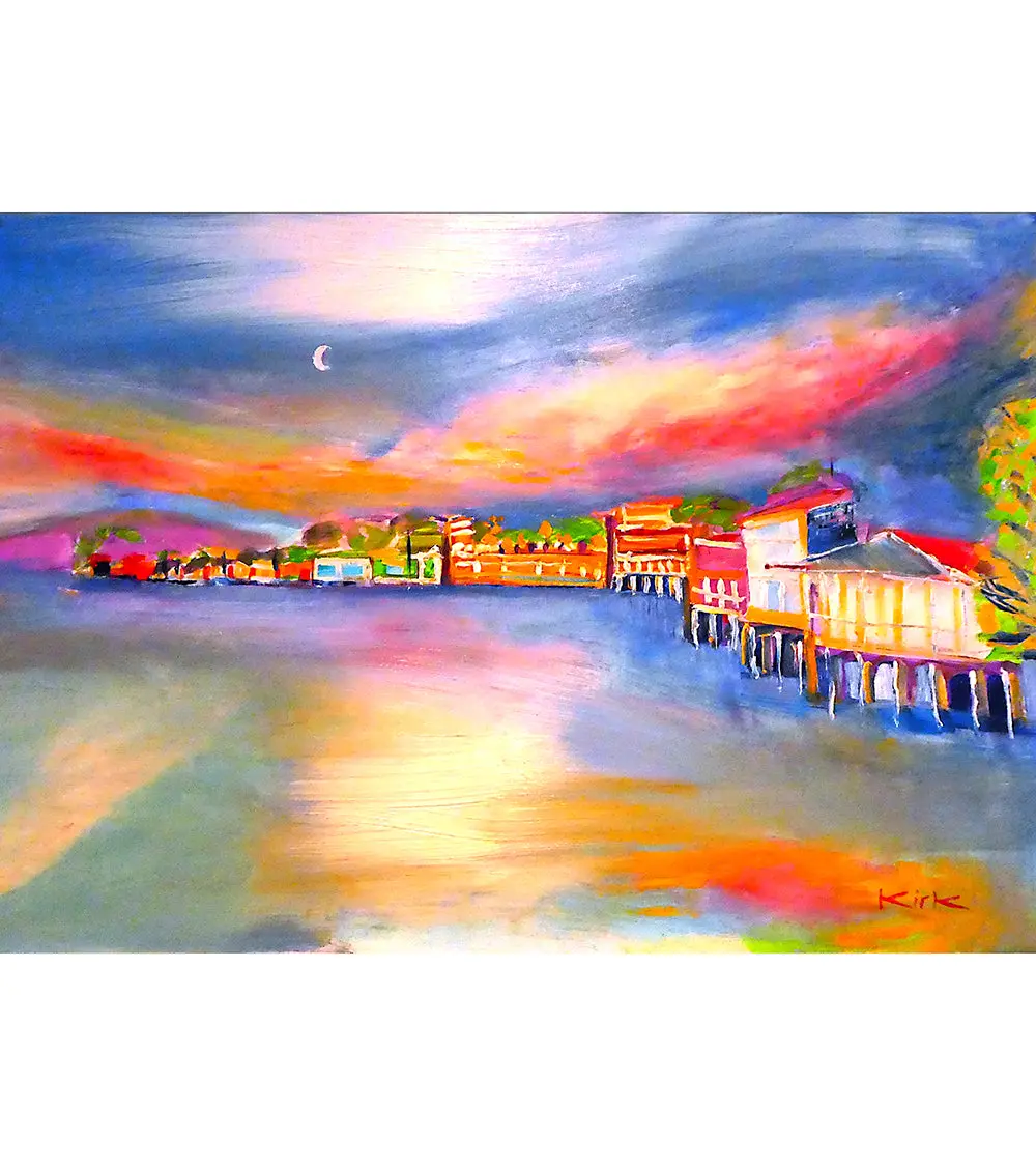 Greeting Card "Moon Over Front Street" By Kirk Boes 1