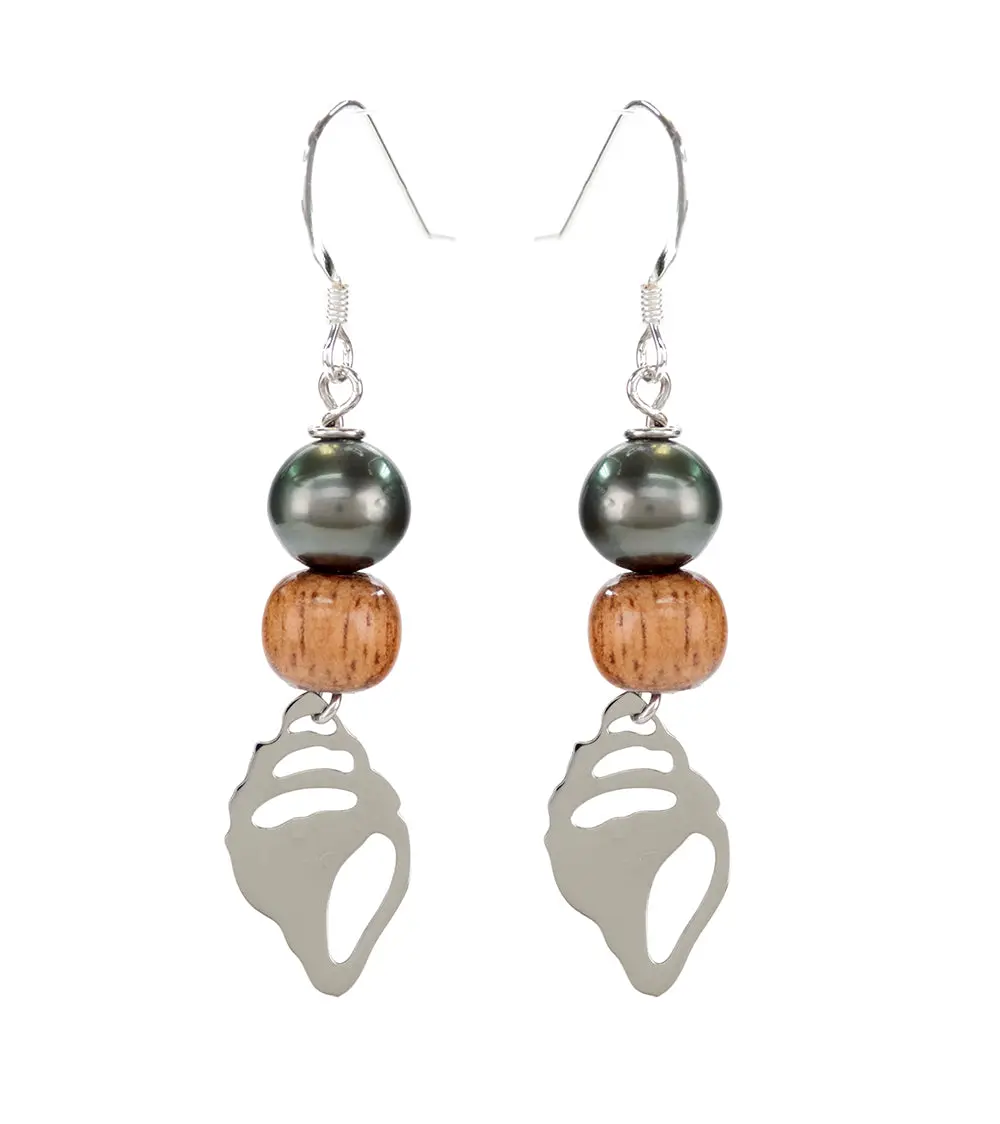 Tahitian Pearl Koa Shell Earrings 1