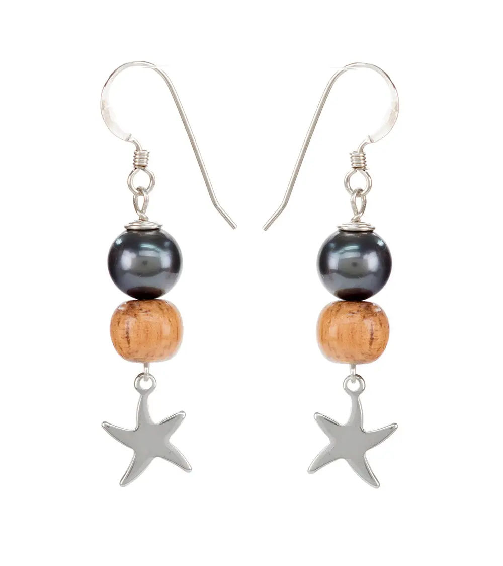 Tahitian Pearl Koa Light Starfish Earrings 1
