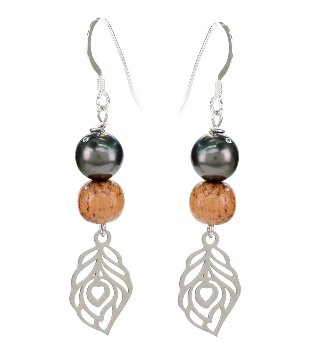 Tahitian Pearl Koa Leaf Earrings 1