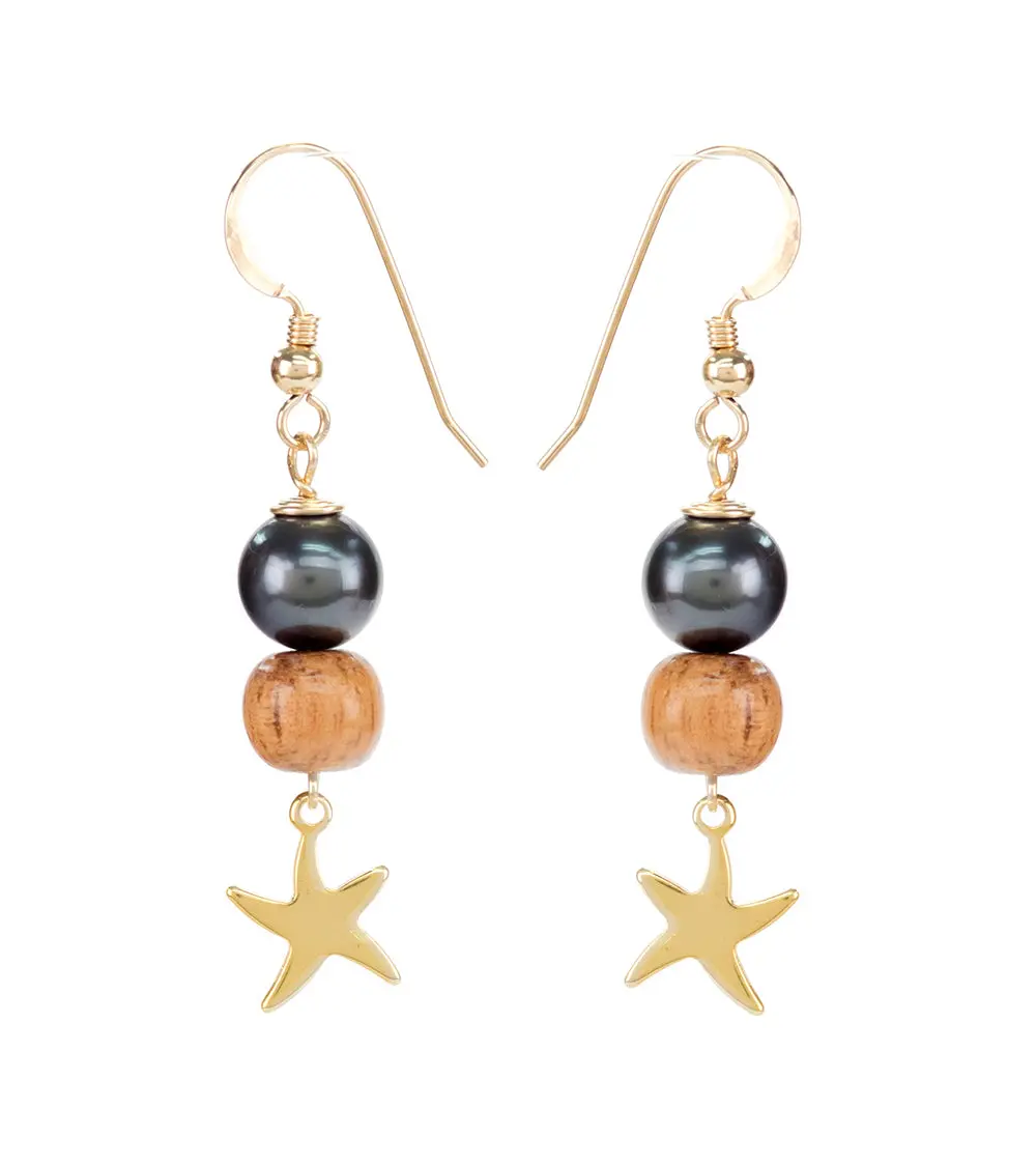 Tahitian Pearl Koa Gold Starfish Earrings 1