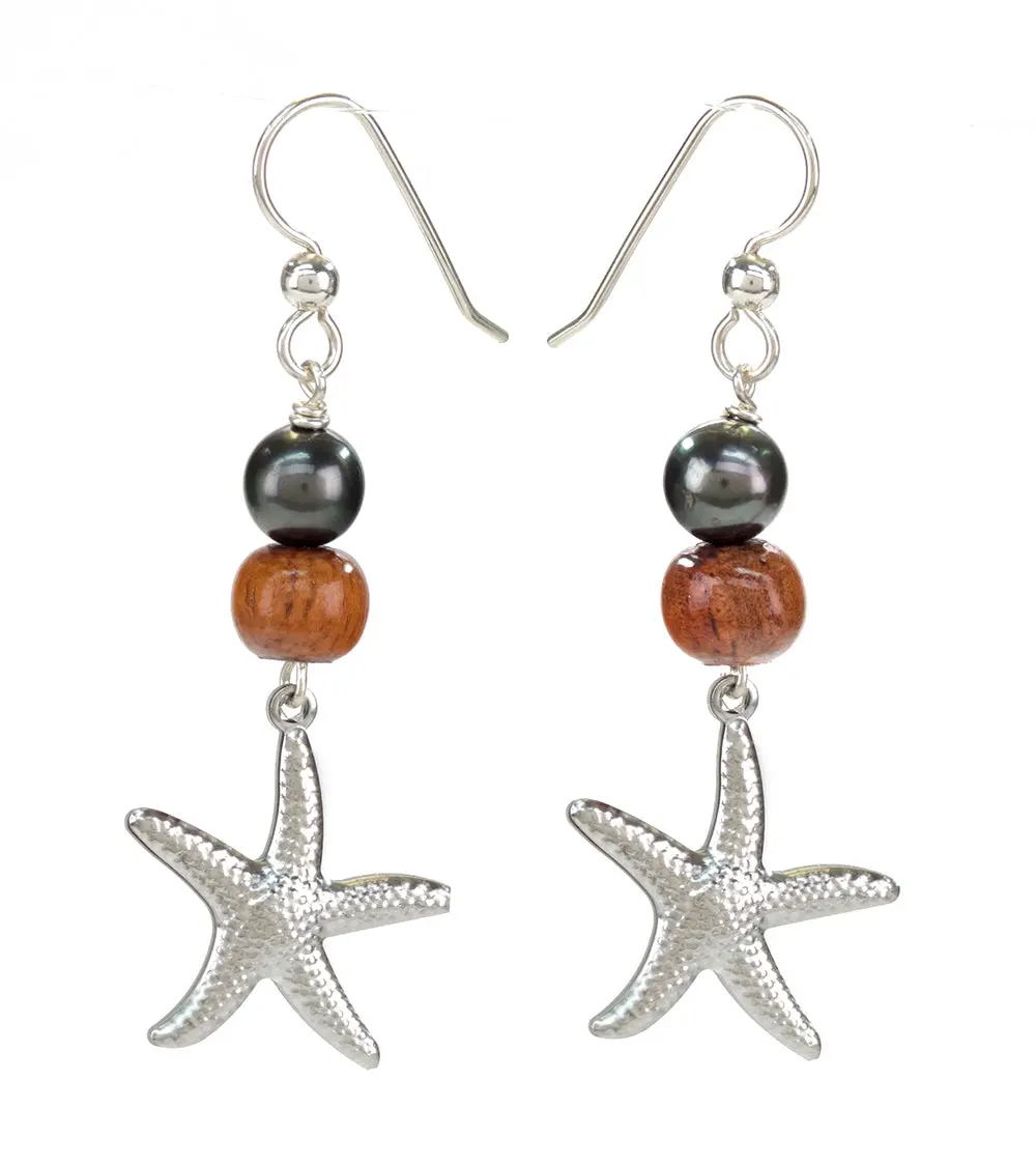 Tahitian Pearl Koa Starfish Earrings 1