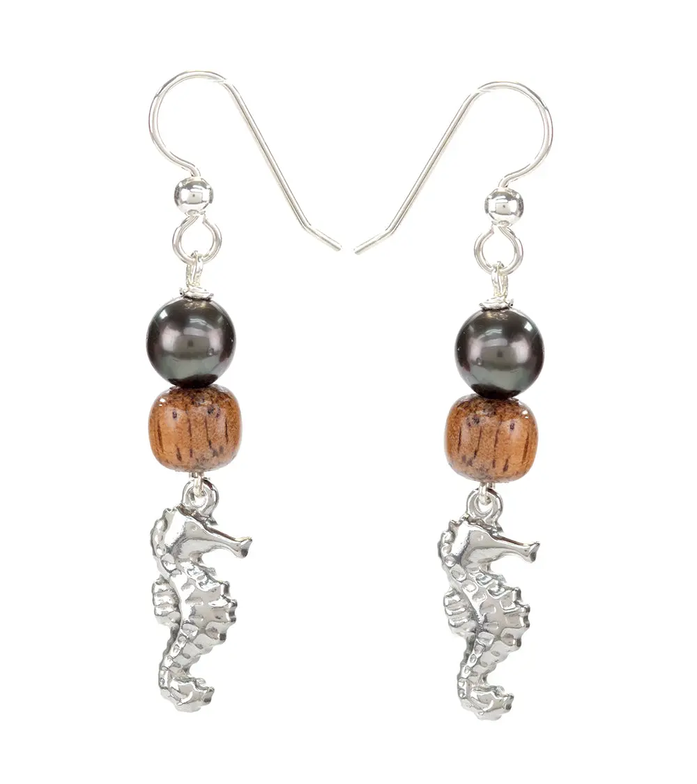 Tahitian Pearl Koa Seahorse Earrings 1