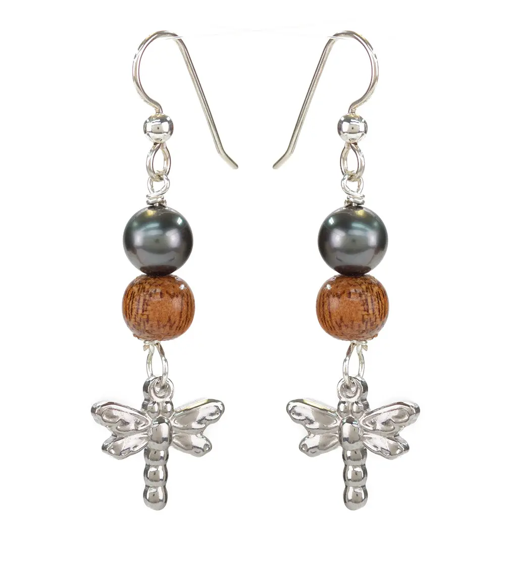 Tahitian Pearl Koa Dragonfly Earrings 1
