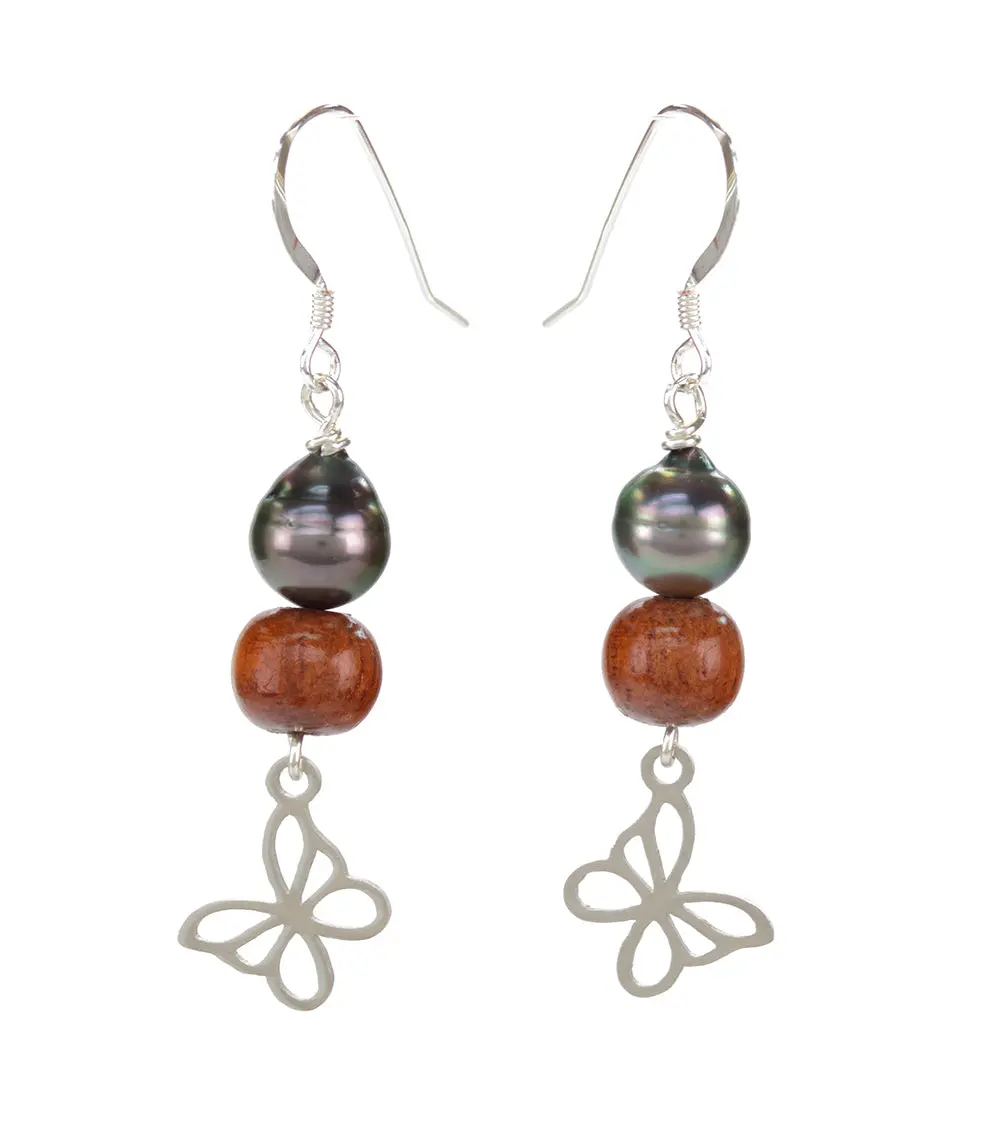 Tahitian Pearl Koa Butterfly Earrings 1