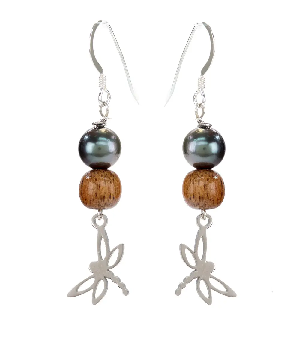 Tahitian Pearl Koa Light Dragonfly Earrings 1