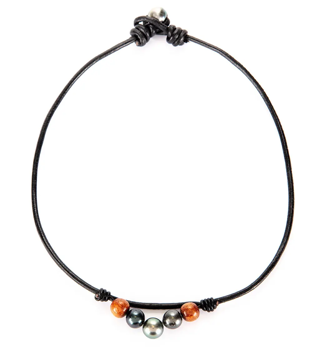 Tahitian Pearl Koa Black Leather Necklace 1