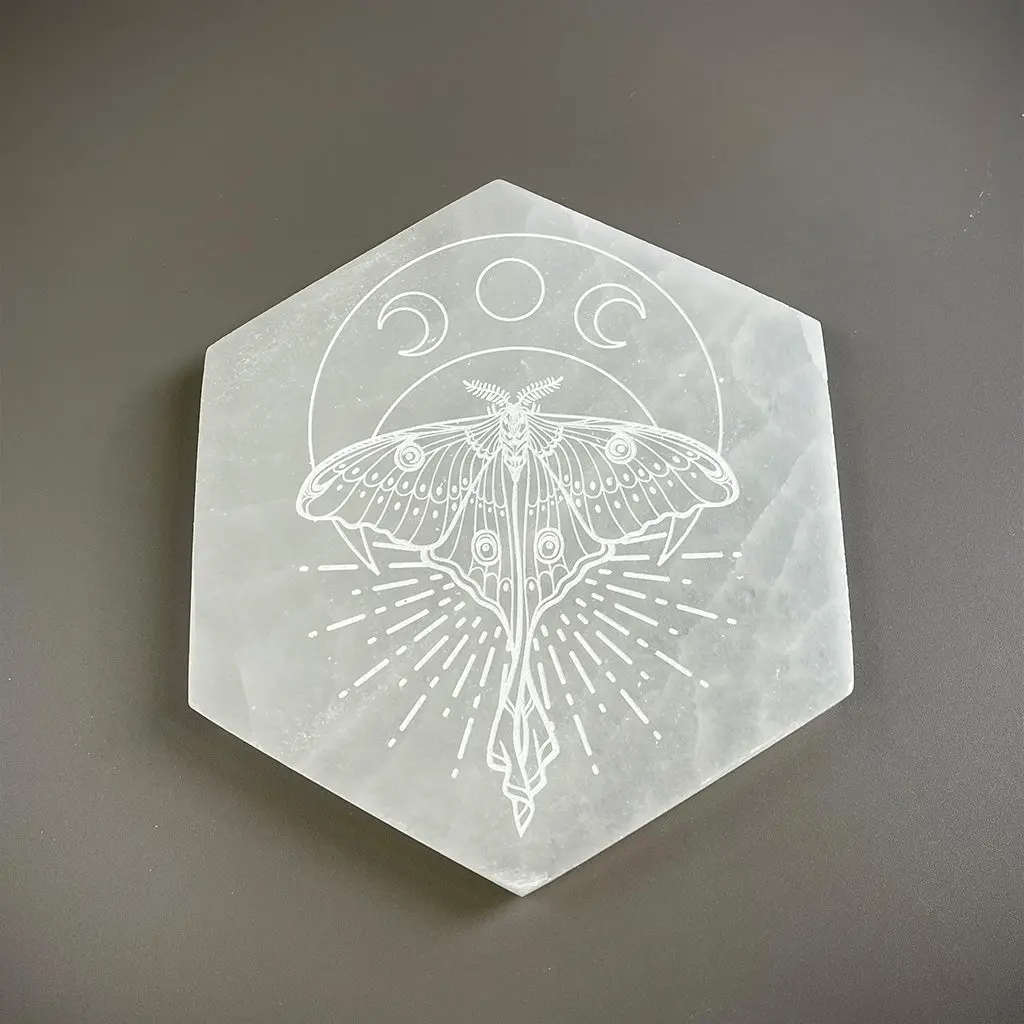 Selenite Hexagon Crystal Charging Plate - "Luna Moth" 1