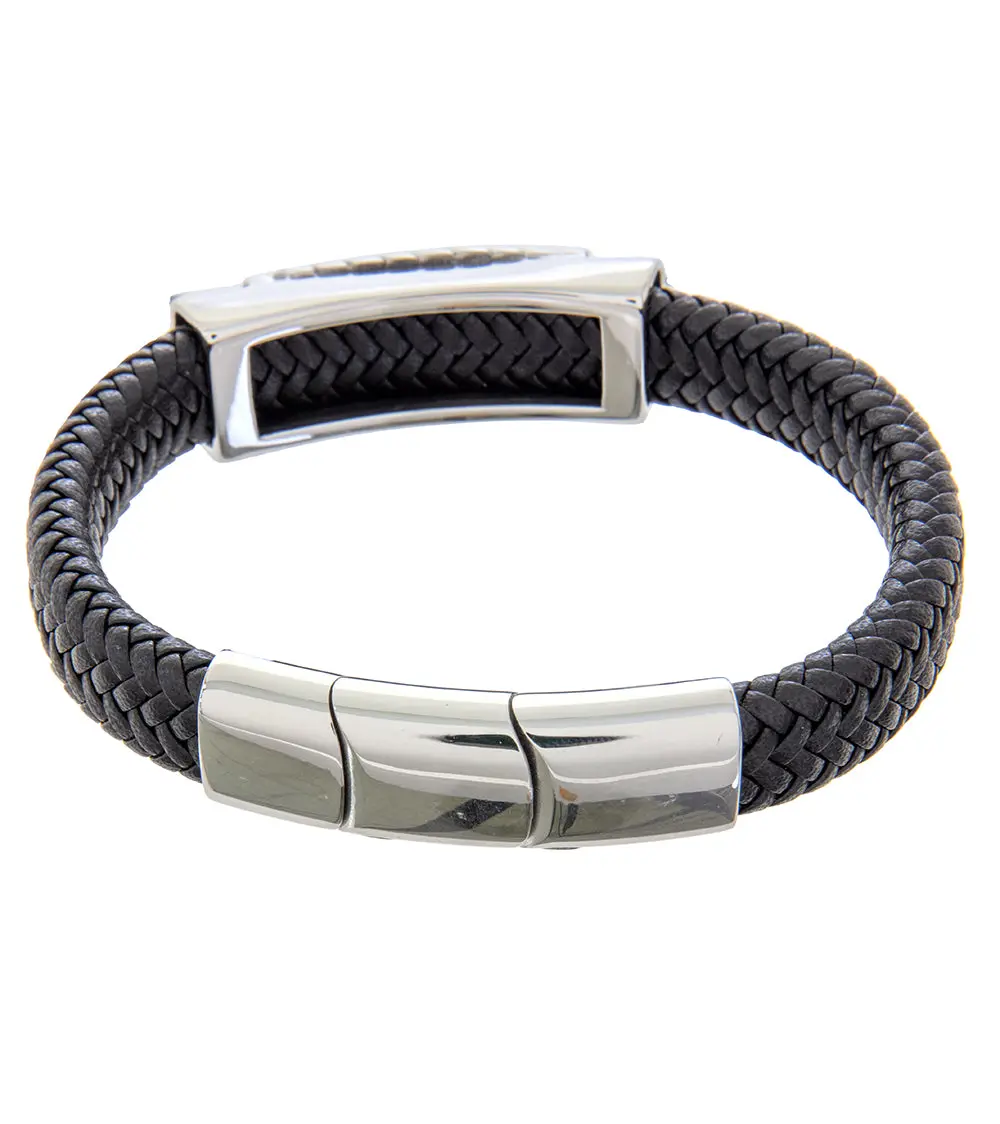 Mens Bracelet 21-23 Cm Steel Bangle With Black Leather And Extender 2