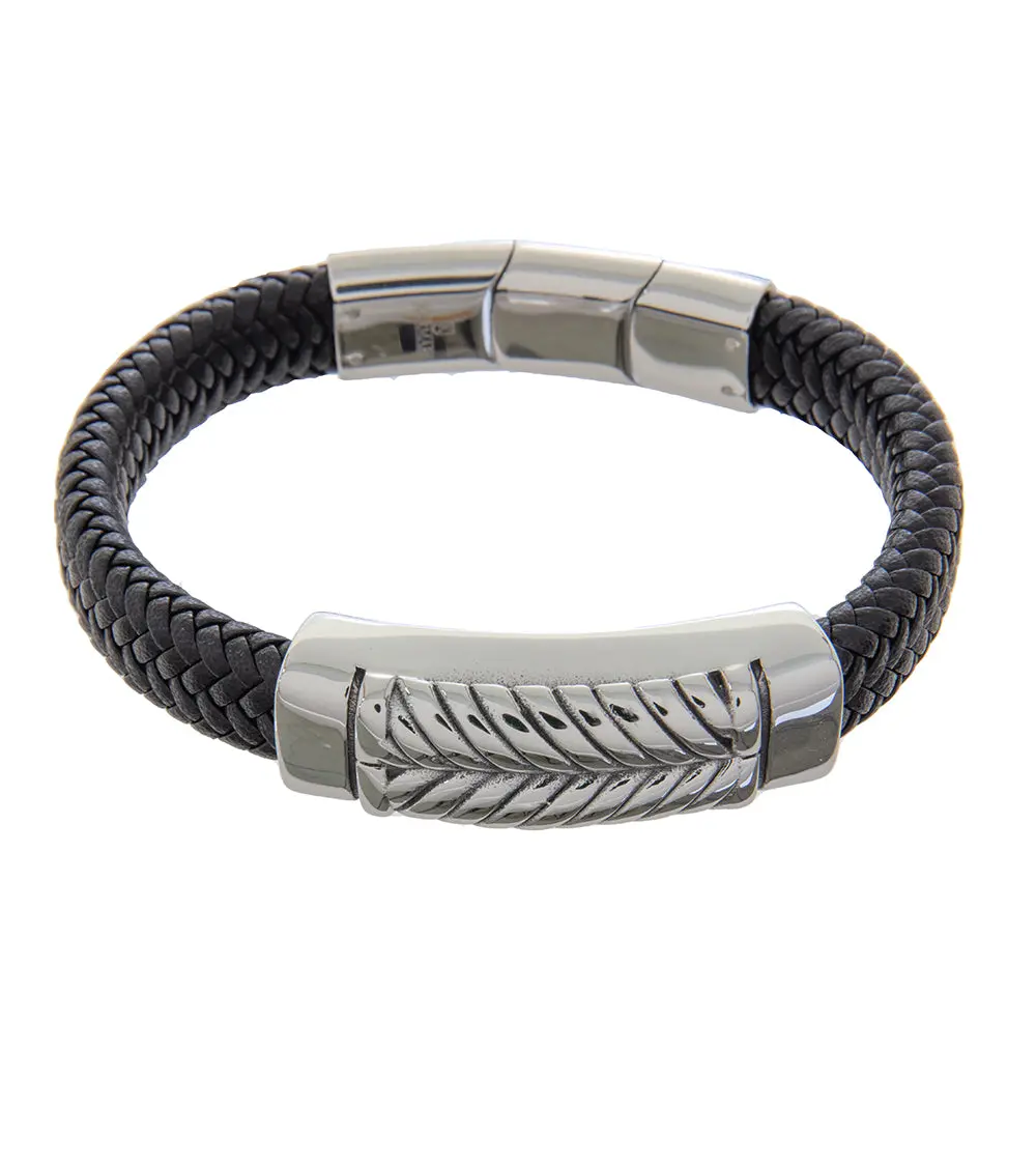 Mens Bracelet 21-23 Cm Steel Bangle With Black Leather And Extender 1