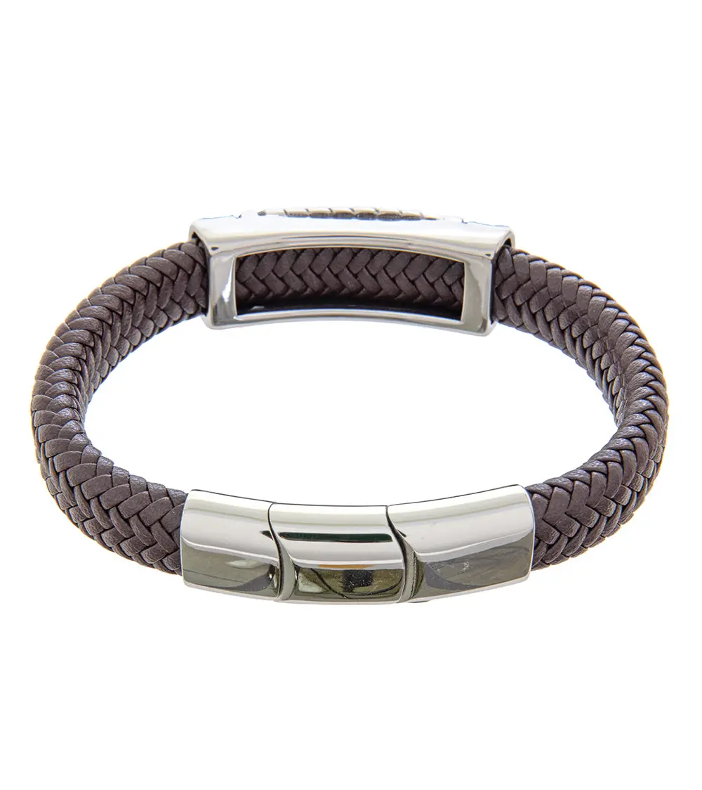 Mens Bracelet 21-23 Cm Steel Bangle With Brown Leather And Extender 2
