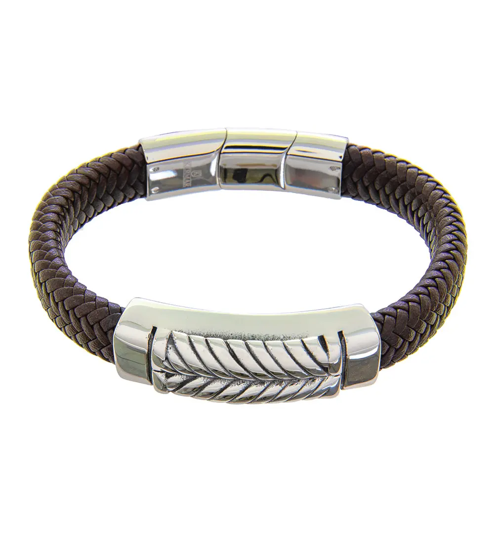 Mens Bracelet 21-23 Cm Steel Bangle With Brown Leather And Extender 1