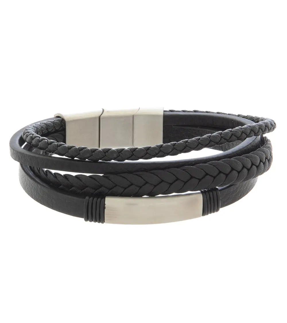 Mens Bracelet 19-21Cm Black Multi-Leather With Rhodium Steel And Extender 2