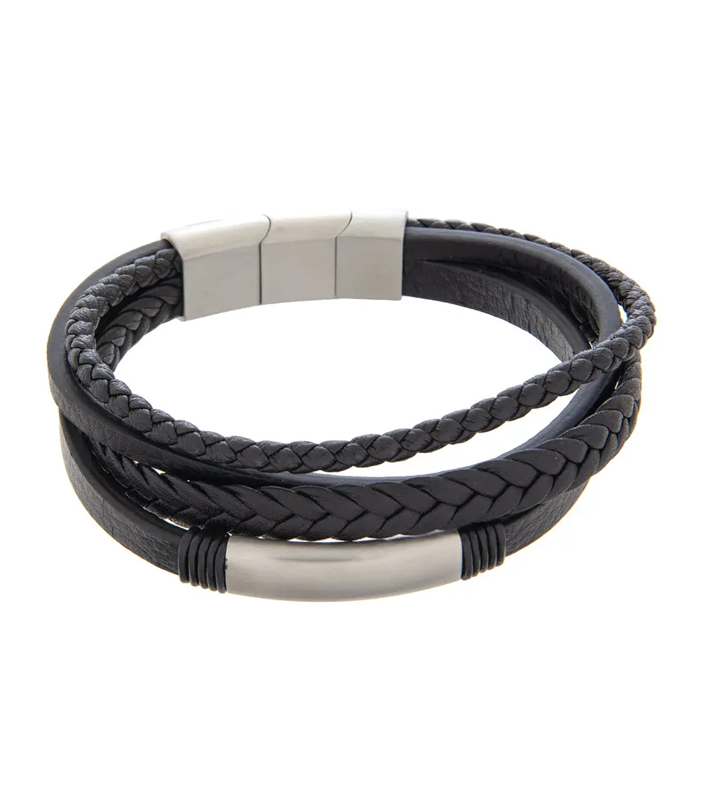 Mens Bracelet 19-21Cm Black Multi-Leather With Rhodium Steel And Extender 1