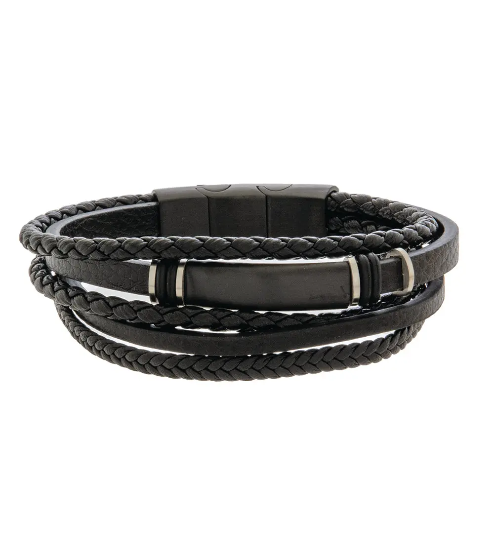 Mens Bracelet 19-21Cm Black Multi-Leather With Black Steel And Extender 2
